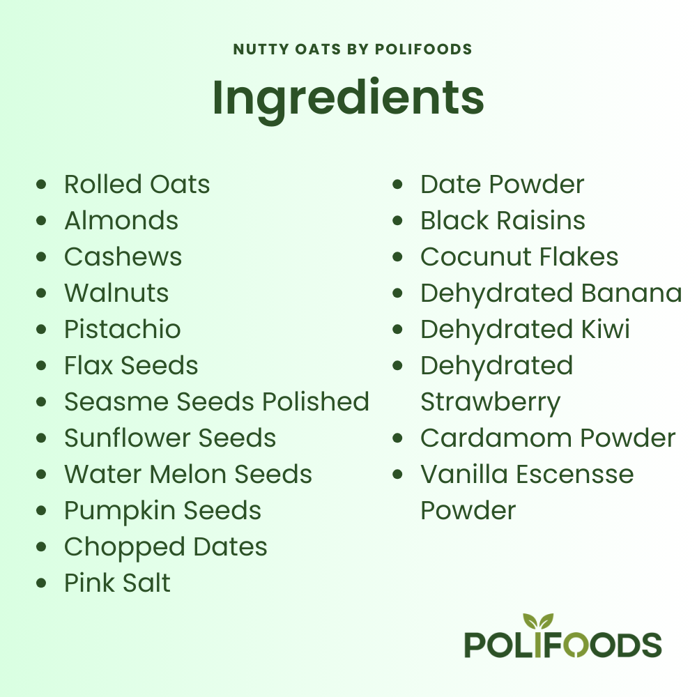 Ingredients in Breakfast Special Nutty oats (Oats with nuts or oatmeal) by Polifoods