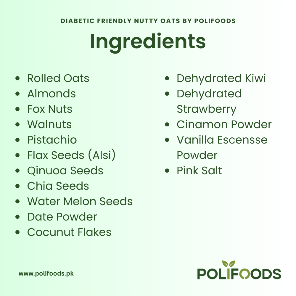 Ingredients in Diabetes Friendly Nutty Oats (oats with nuts or oatmeal) by Polifoods